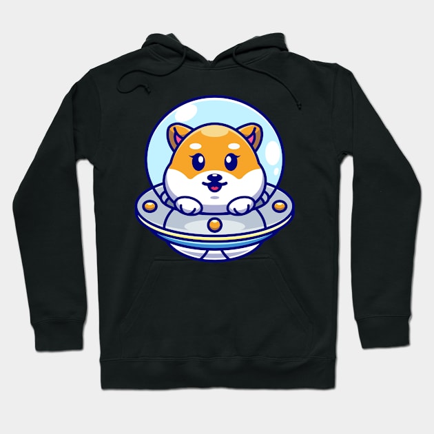 Cute shiba inu dog flying with spaceship ufo cartoon Hoodie by Wawadzgnstuff